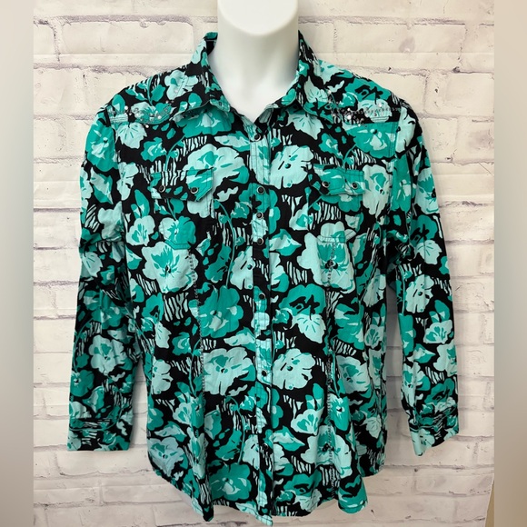 Wrangler Tops - Rock 47 By Wrangler Women’s XXL Teal Black Floral Pearl Snap Top Bling Cowgirl